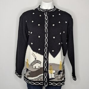 Vintage Joyce Black White Winter Mountain Home Button Up Cardigan Sweater L